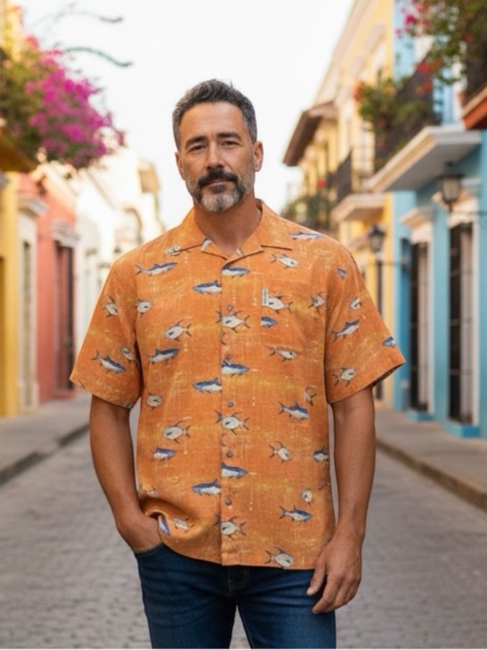 Columbia Orange Printed Silk Button Up Shirt Short Sleeve